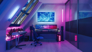 Futuristic gaming room with neon lighting in the background