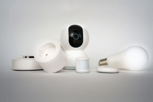 Assorted smart home devices including a camera, smart plug, and smart bulb.