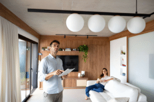 A man using a tablet to control rounded globe shaped lights in a wood-paneled living room.