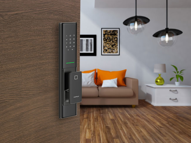 a house with a smart door with a keypad