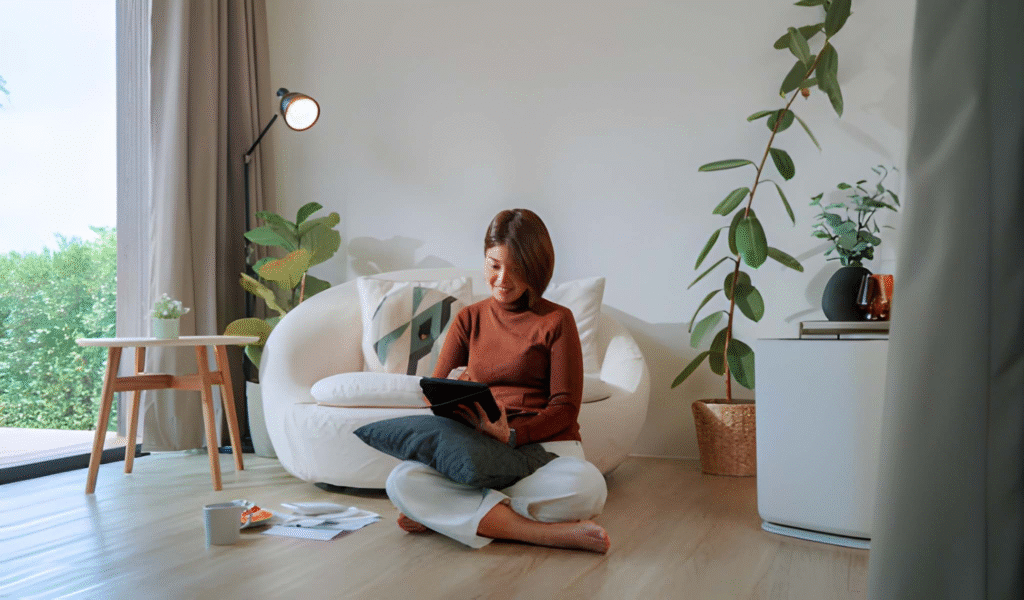 a girl playing tablet in her living room