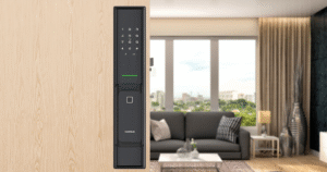 a smart lock pad on a door in a house