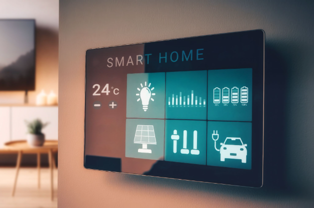 smart home panel on a wall in a living room