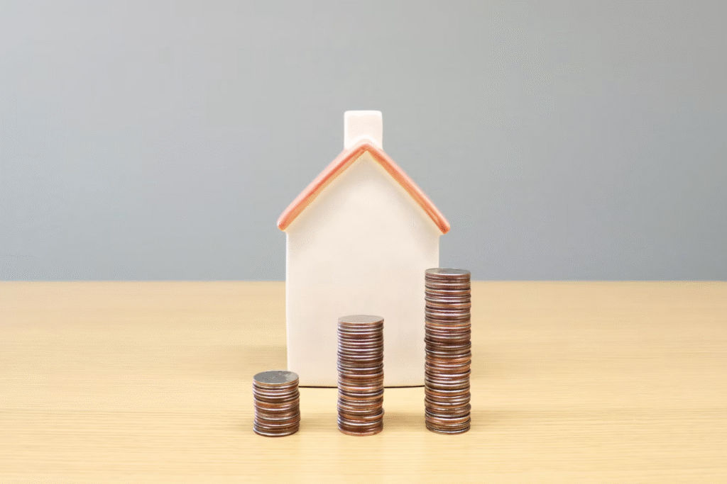 a mini house miniature and a stack of coins