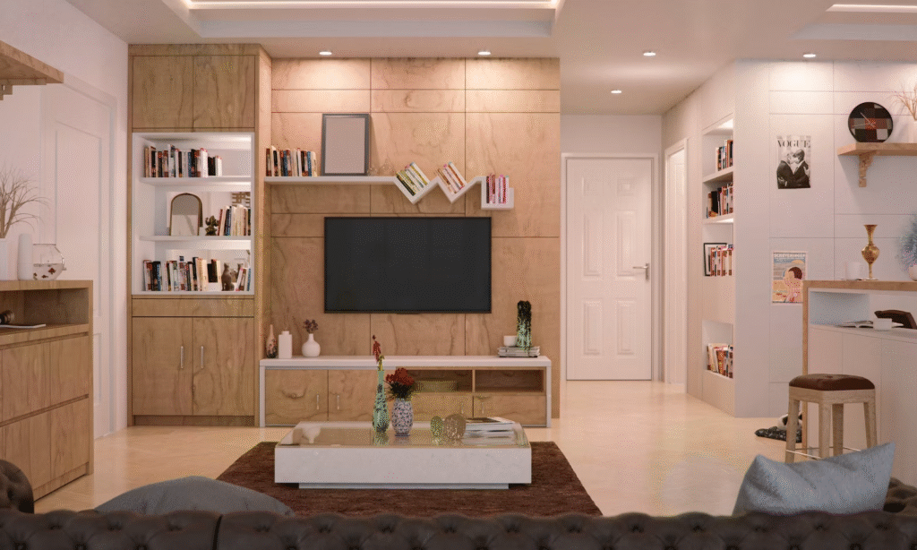 a brown themed living room