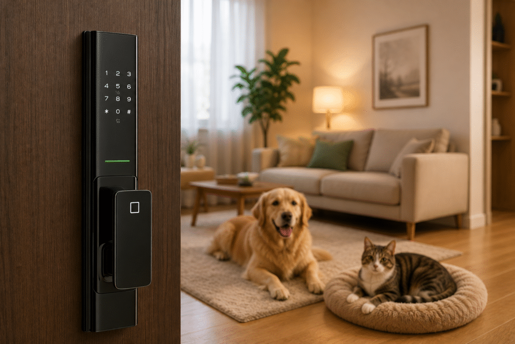 a smart security device in the living room with a dog and a cat