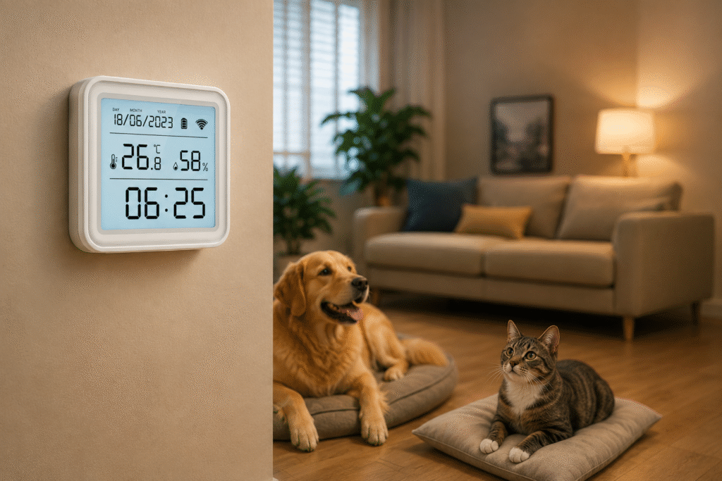 a smart temperature device in the living room with a dog and a cat