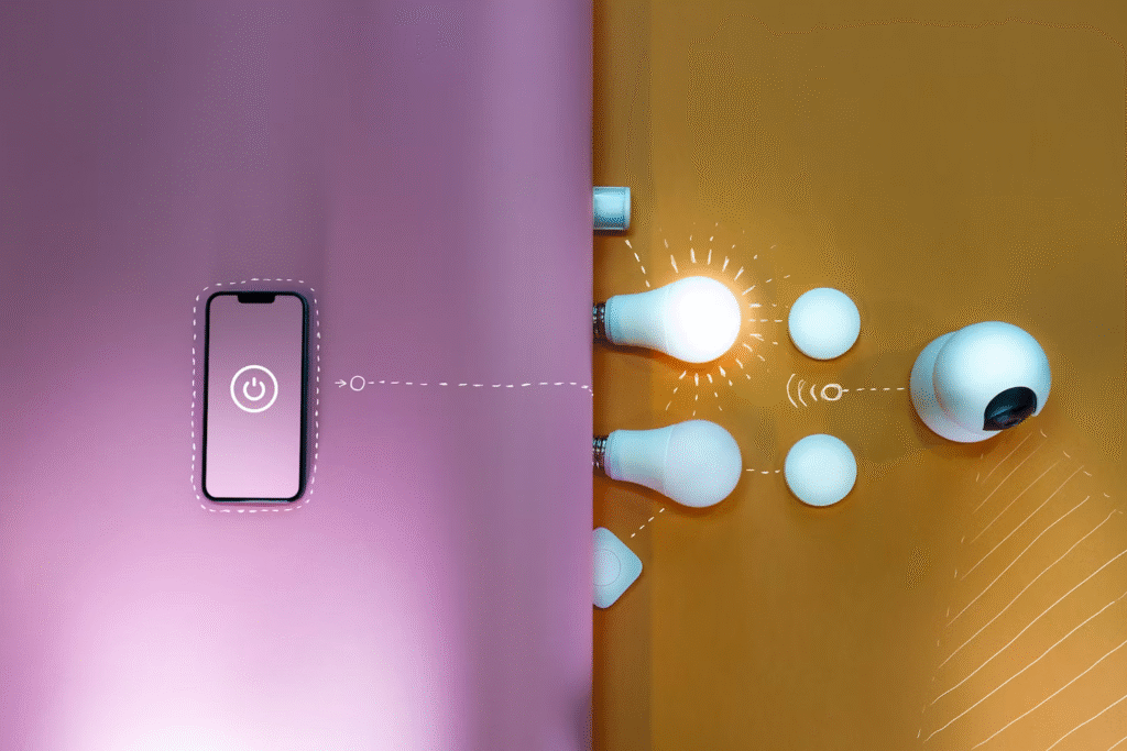 an illustration of a smartphone wirelessly controlling smart home devices